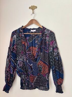 Parker Paisley Patchwork Silk Blend Surplice Blouse Small